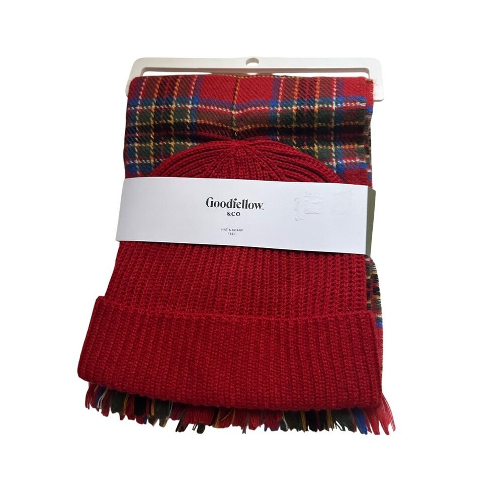 Goodfellow & Co Red Plaid Scarf & Beanie Gift Set~ New w/Tag